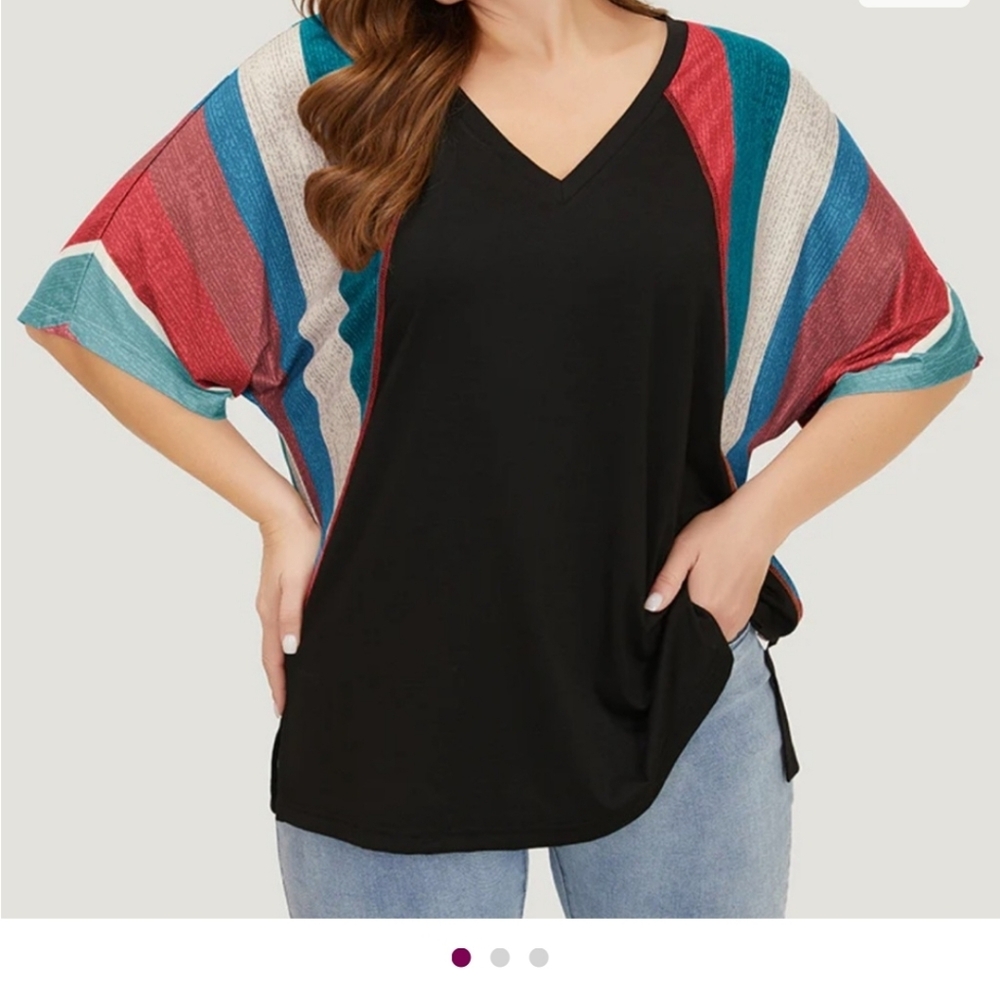 Rainbow stripe contrast patchwork batwing sleeve top size 1820 or 2X
